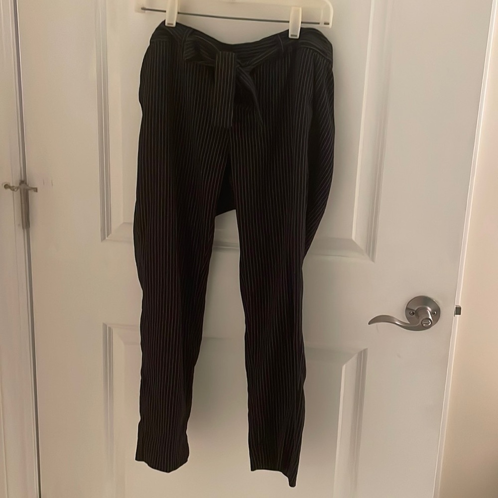 Black pinstripe Avery tie waist banana republic cropped pants